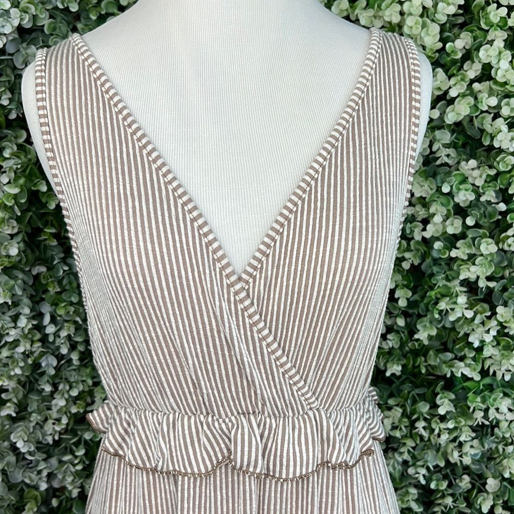 Caution To The Wind Neutral Stripe Ruffle Accent V-Neck Maxi Dress - Picture 6 of 11